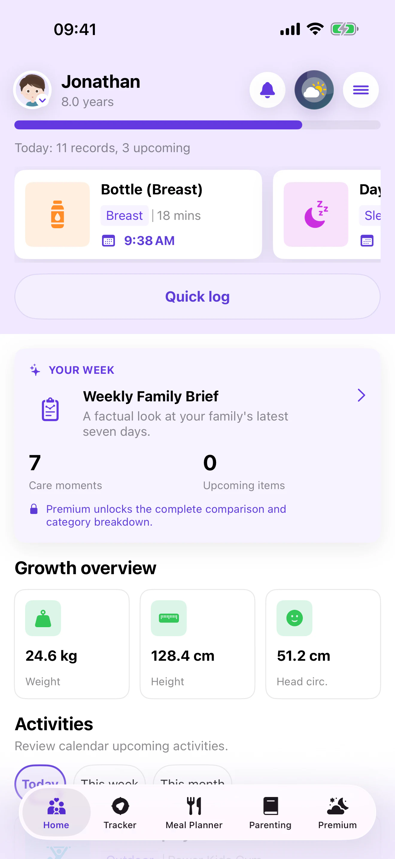 Parenthink Home screen showing care records, Weekly Family Brief, growth overview, and activities