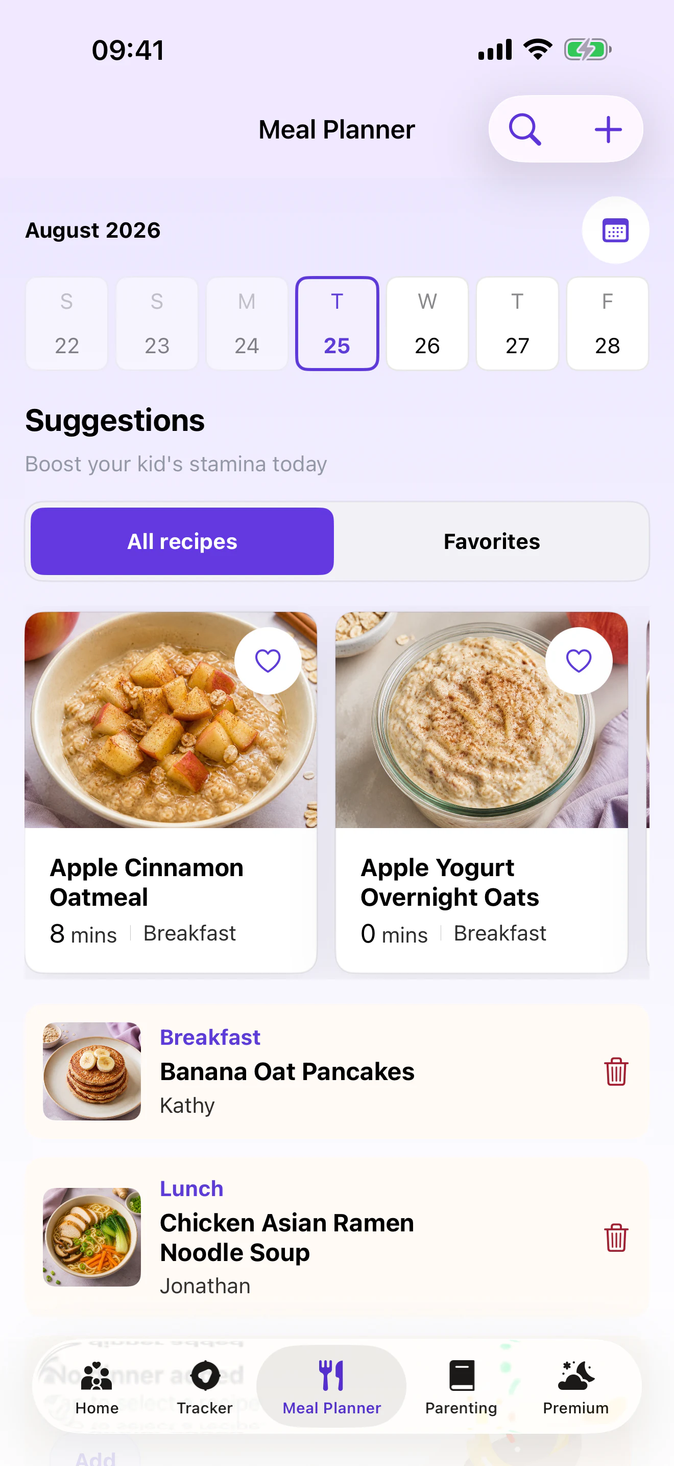 Parenthink Meal Planner with date navigation, age-aware recipes, and planned meals