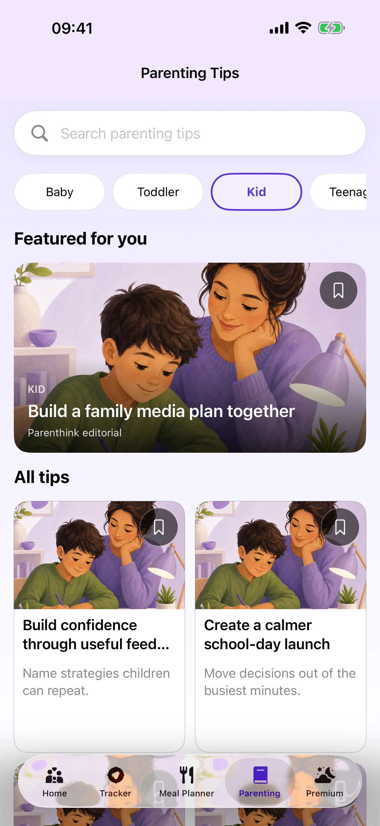 Parenthink Parenting Guides with age filters and illustrated articles
