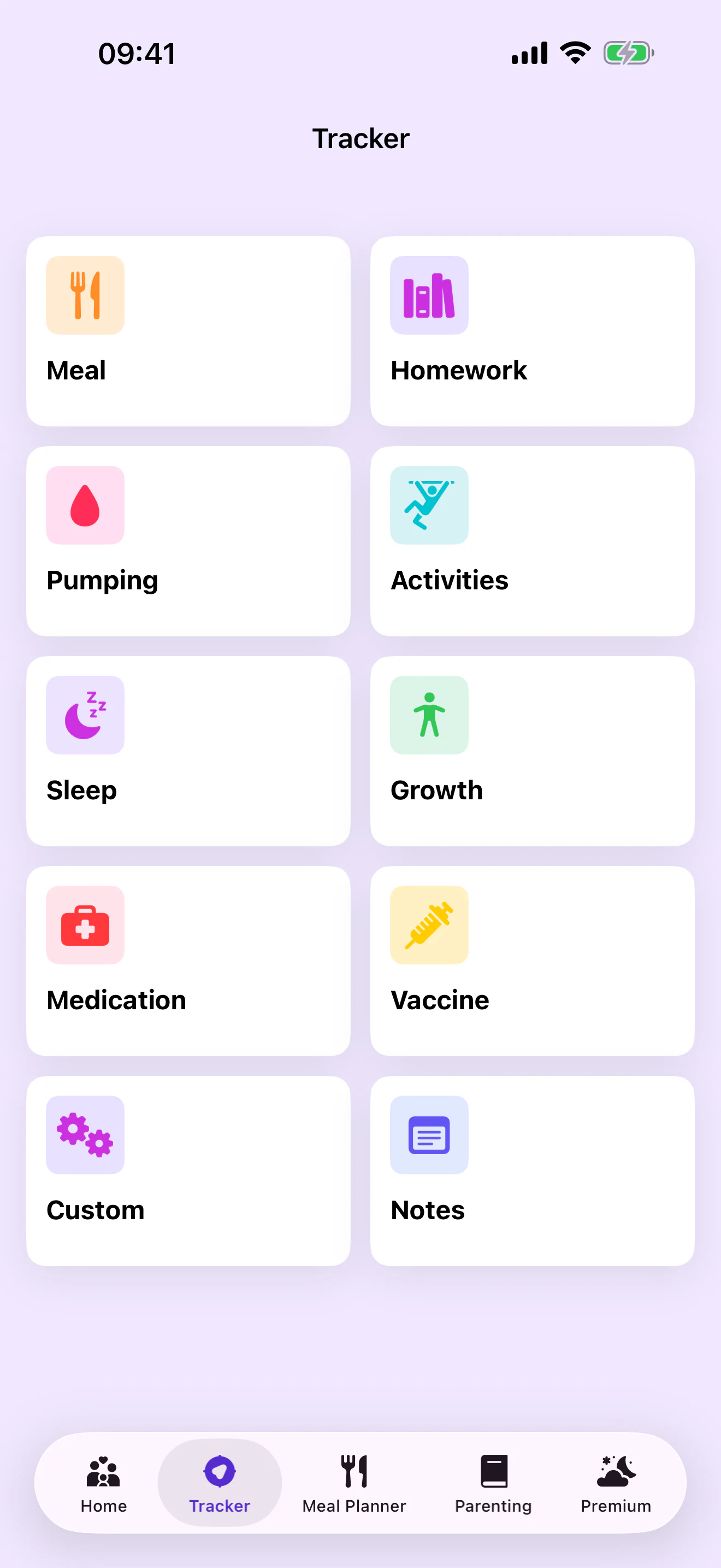 Parenthink Tracker showing meal, homework, pumping, activities, sleep, growth, medication, vaccine, custom, and notes categories