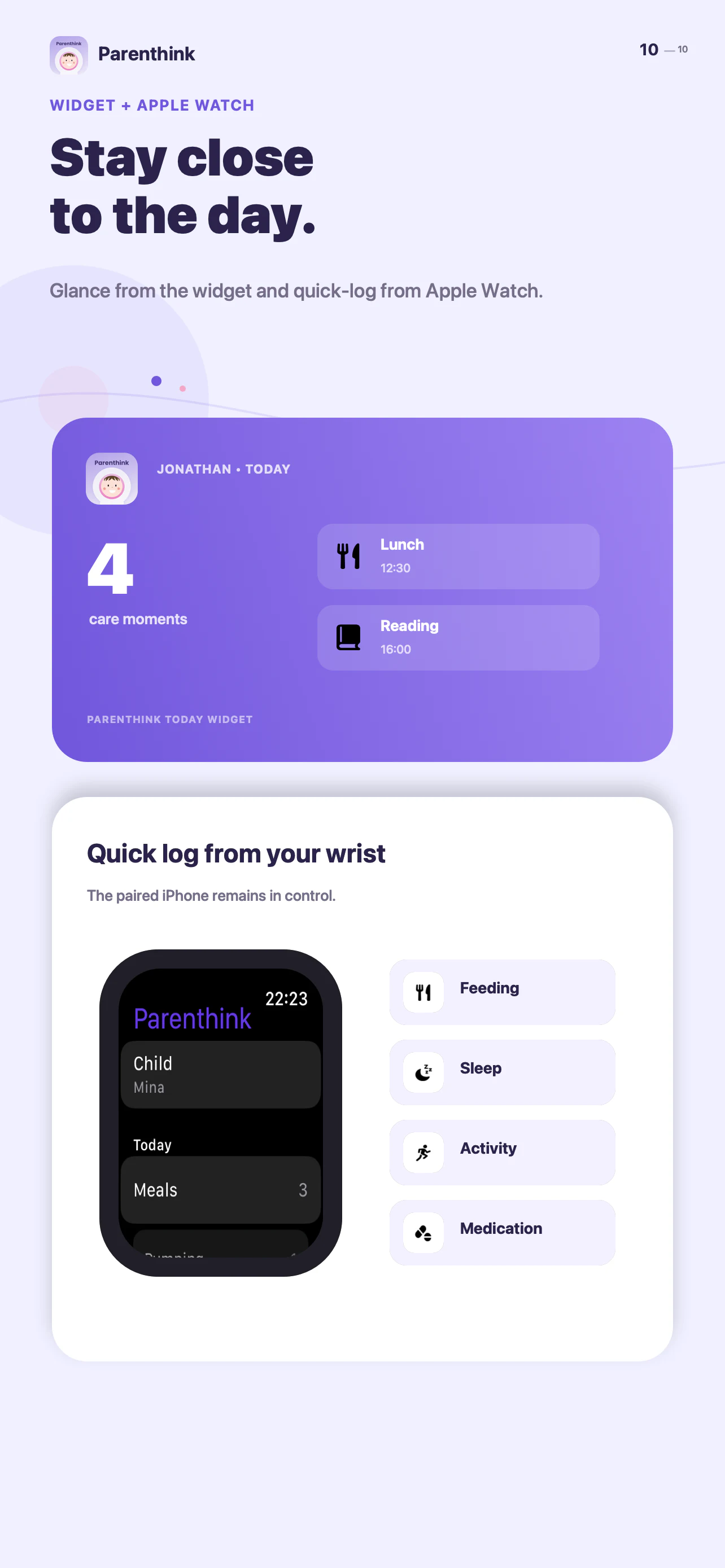 Parenthink Today widget and Apple Watch quick-log companion